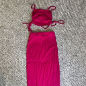 Lulu's Bold Pink Ribbed Top and Skirt Set